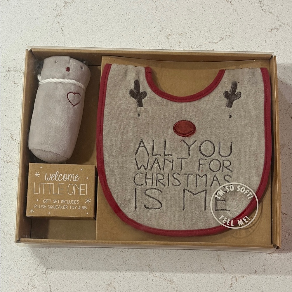 Grasslands Road Holiday Bib and Plush Set - Gray and Red